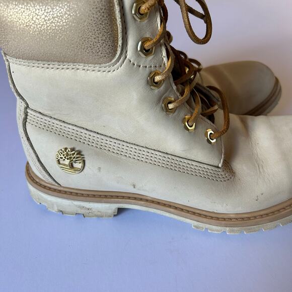 Timberland Womens Size 9 6" Lace Up Ivory &  Gold Boots Primaloft Gorpcore - Picture 3 of 7
